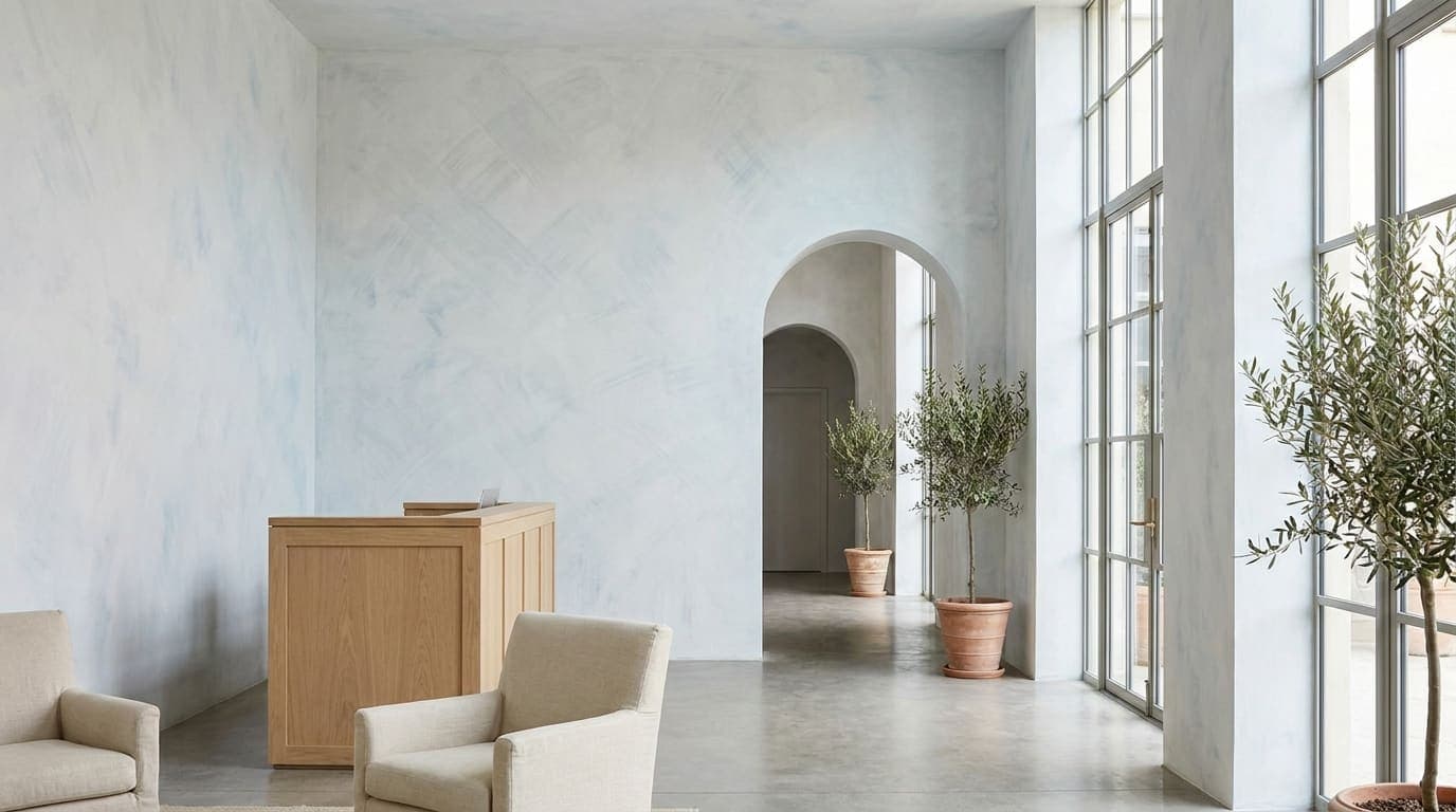 Hotel lobby with warm white and pale blue lime wash walls