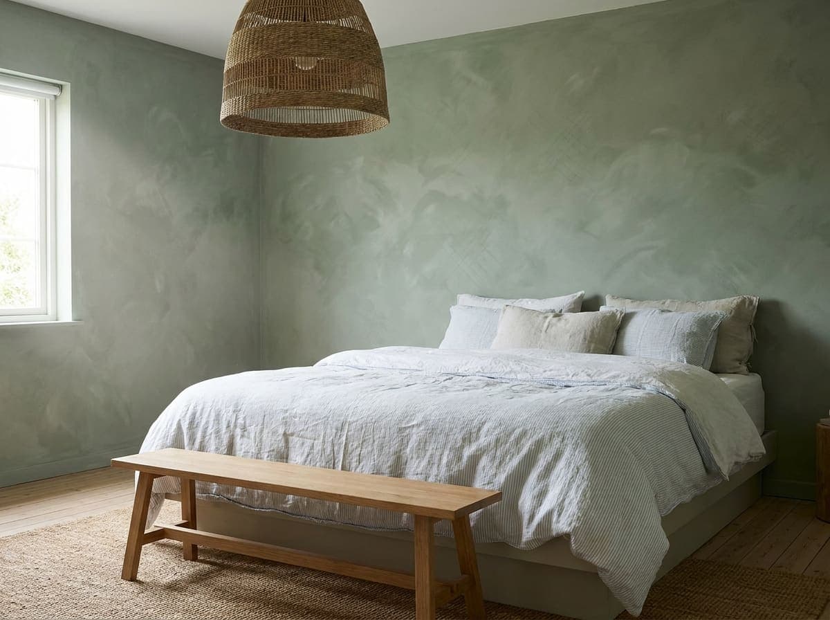 Bedroom with a soft sage lime wash wall